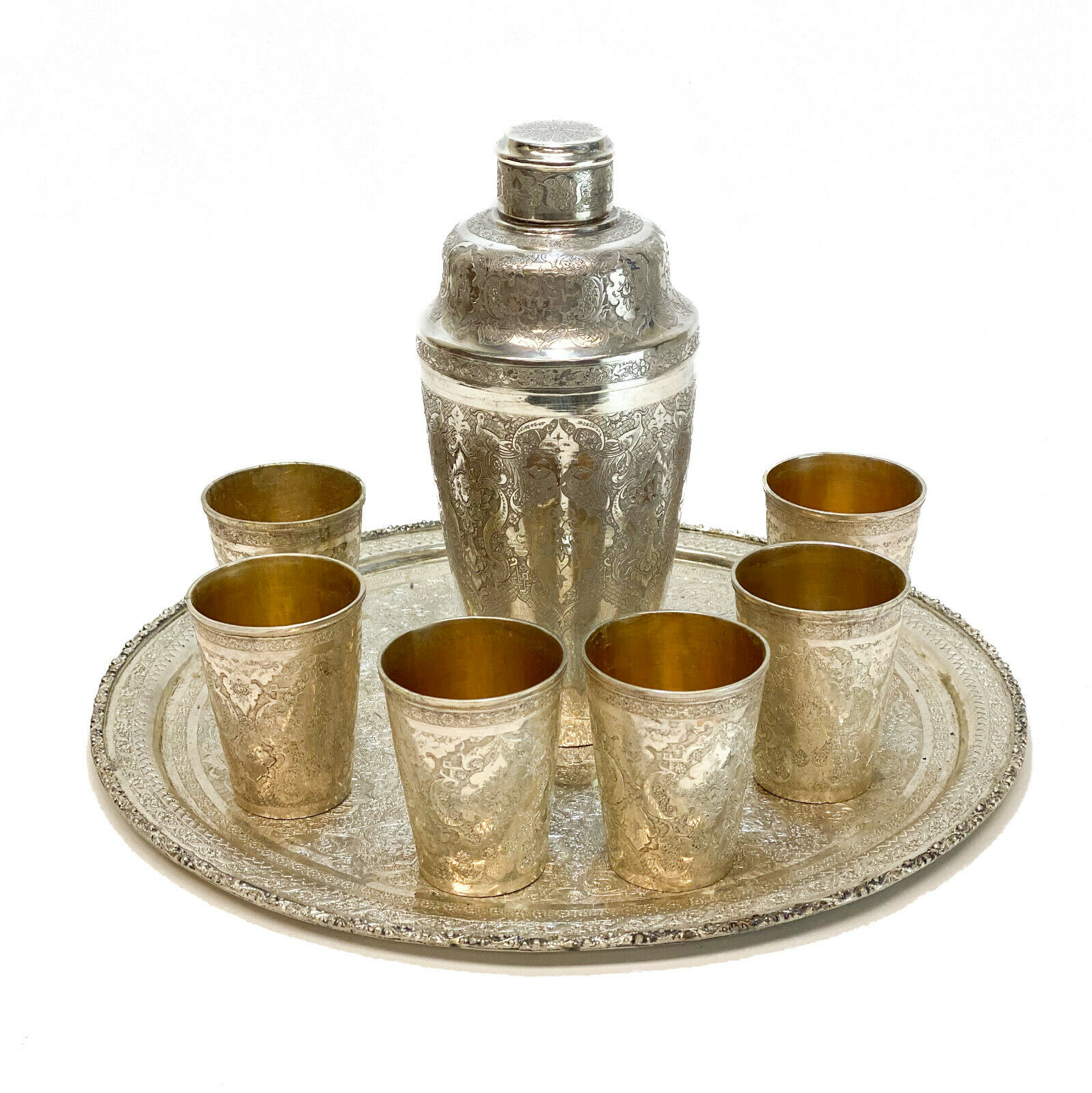 Middle Eastern 84 Silver Ornate Vodka Martini Set For 6, First Half 20th C