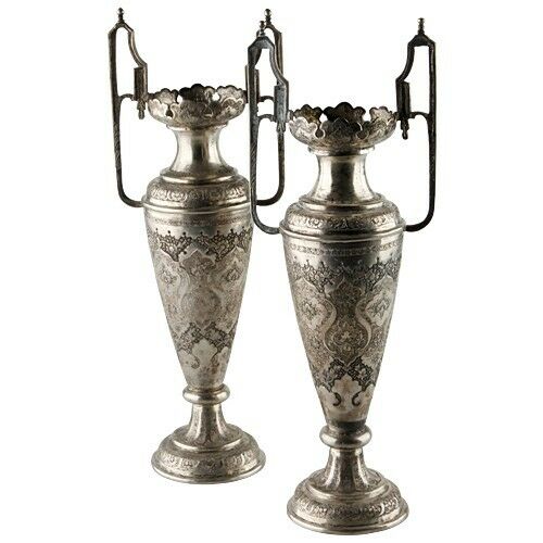 Pair Of Antique Vtg Persian Silver Engraved Vases