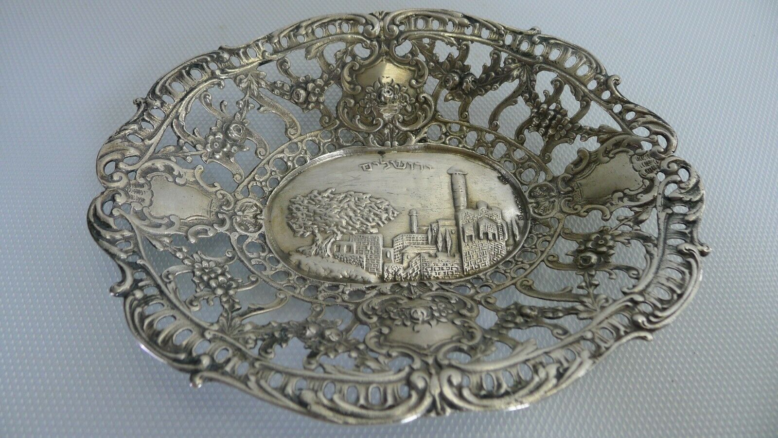 Rare Old Vintage Hazorfim Silver 800 Bowl / Tray Beautiful Jerusalem Scene